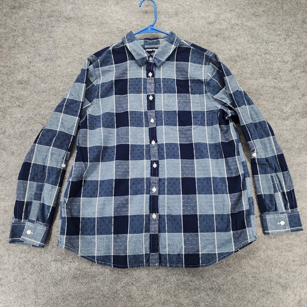 Lands End Shirt Womens Large 14-16 Button Up Roll Tab Blue Plaid